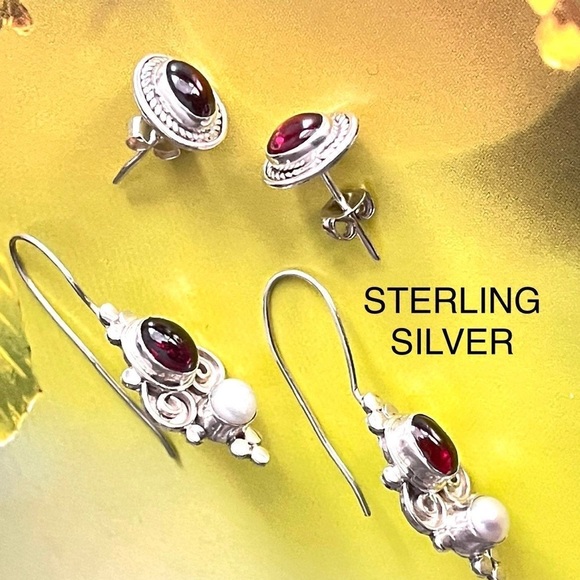 STERLING SILVER 925 MULTI GEMS EARRINGS PEARL GARNET BALI STUD & EARRINGS - Picture 1 of 7